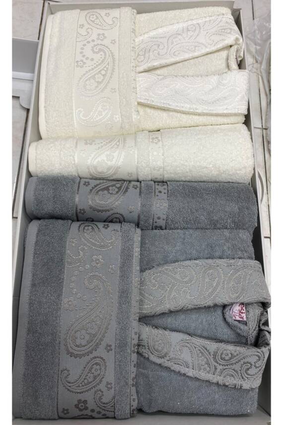 Vip Aile Bornoz Seti 6 Parça %100 Pamuk (GRİ*KREM) - 1