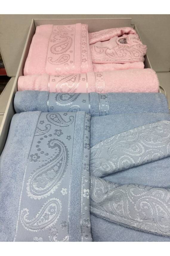 Vip Aile Bornoz Seti 6 Parça %100 Pamuk (PEMBE*MAVİ) - 1