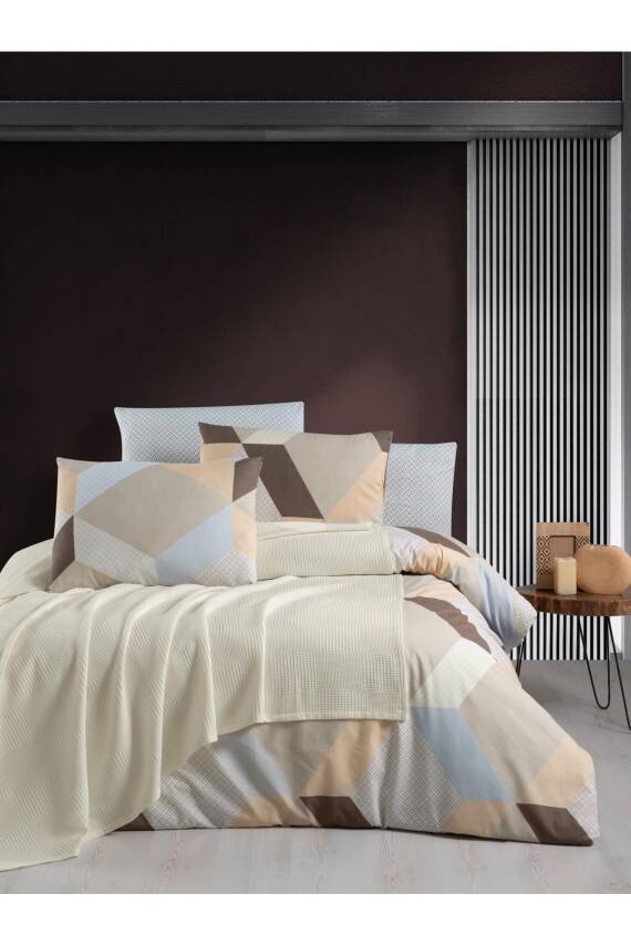 Waffle Desen Pamuklu Çift Kişilik Pikeli 5 Parça Nevresim Takımı (Ekru) - 1