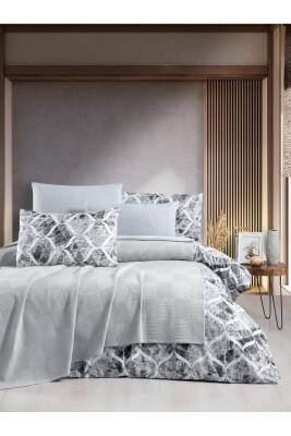 Waffle Desen Pamuklu Çift Kişilik Pikeli 5 Parça Nevresim Takımı (Gri) 