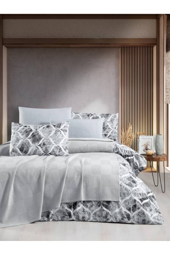 Waffle Desen Pamuklu Çift Kişilik Pikeli 5 Parça Nevresim Takımı (Gri) - 1
