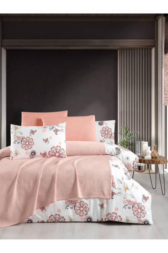 Waffle Desen Pamuklu Çift Kişilik Pikeli 5 Parça Nevresim Takımı (Pembe) - 1