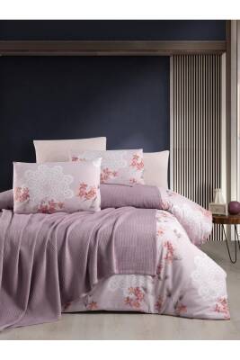 Waffle Desen Pamuklu Çift Kişilik Pikeli 5 Parça Nevresim Takımı (Mor)