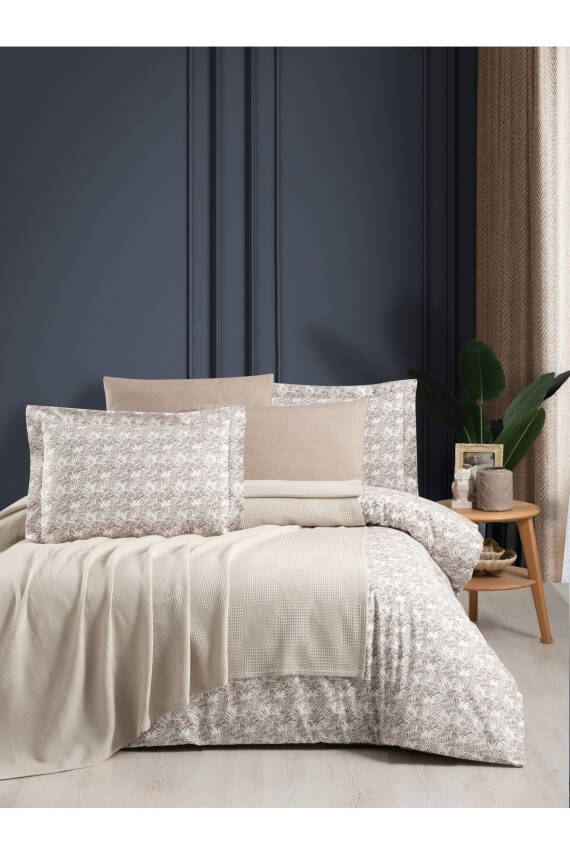 Waffle Desen Pamuklu Çift Kişilik Pikeli 5 Parça Nevresim Takımı (Bej) - 1